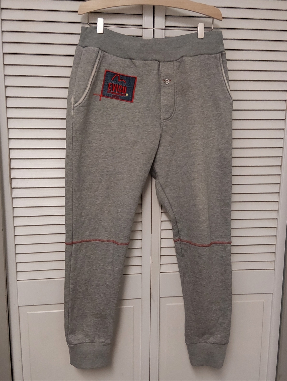 Evisu Gray Sweatpants with Red Stitching Accent